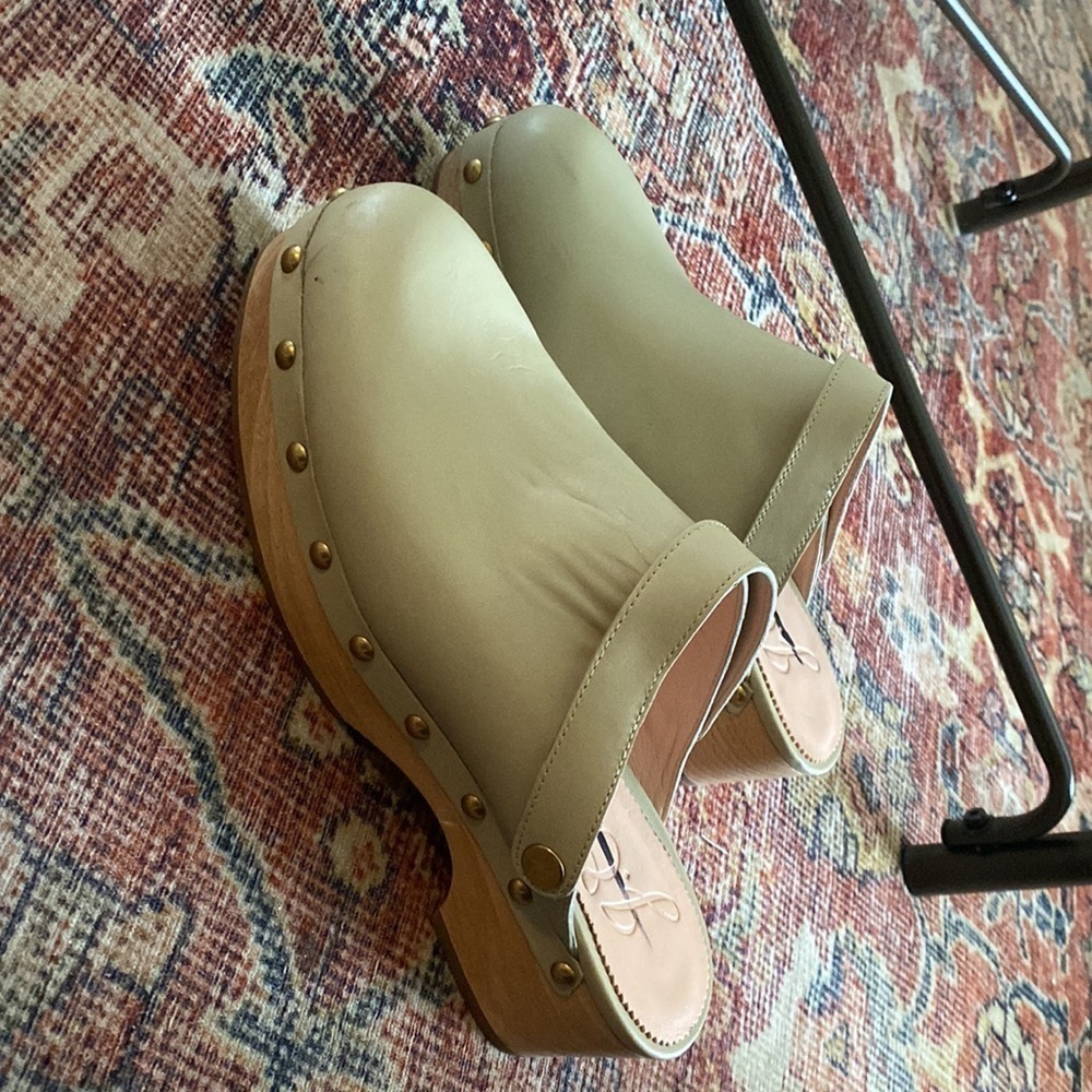 J. Crew Olive-Beige Leather Studded Clog Mules